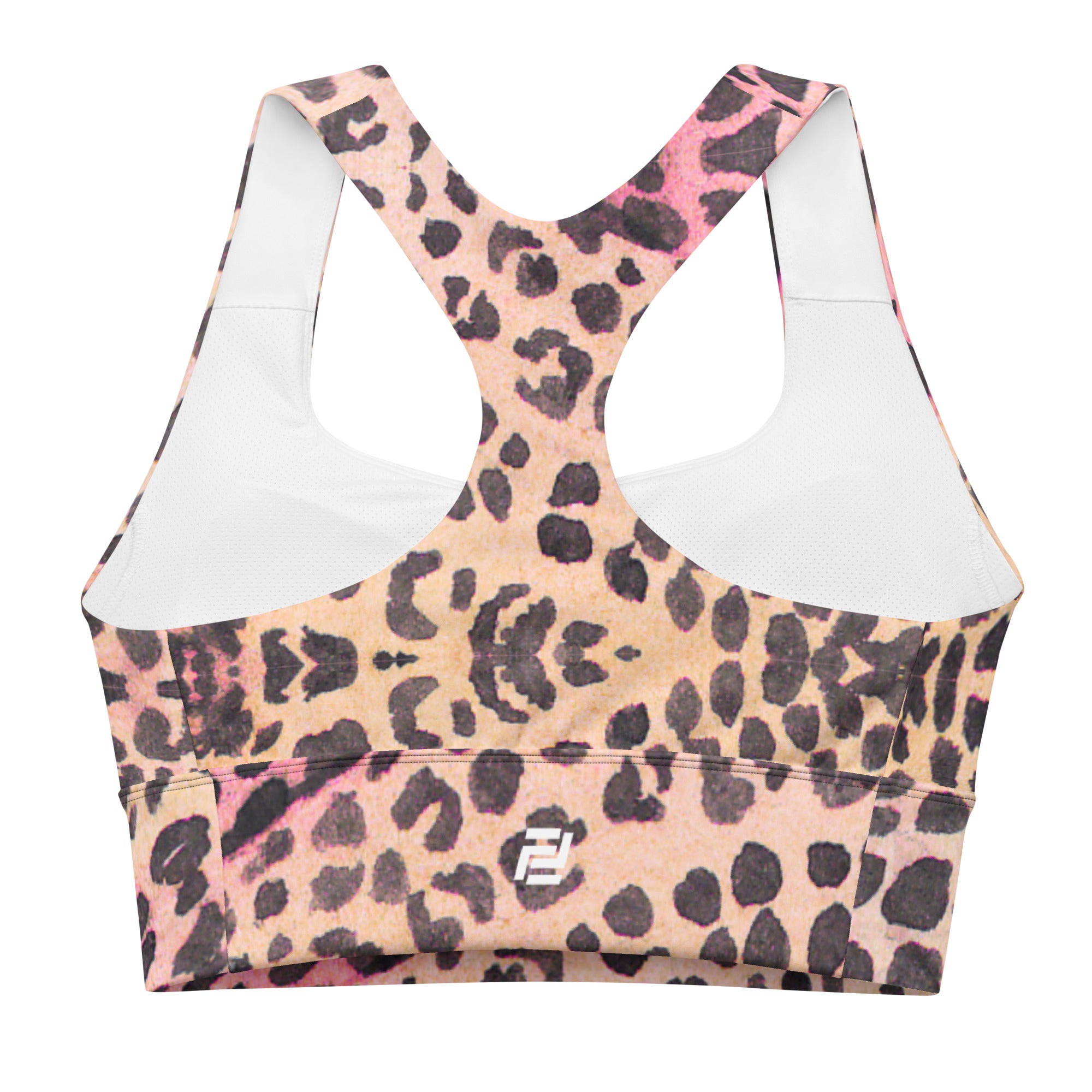 Cheetah print longline sports bra with cheetah band, medium-high support activewear back view