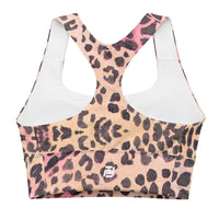 Cheetah print longline sports bra with cheetah band, medium-high support activewear back view