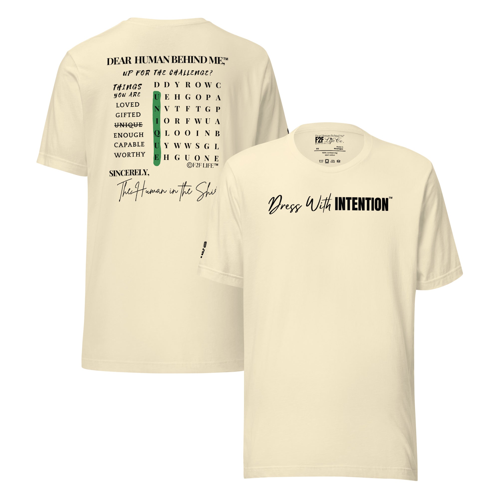 Dear Human Behind Me™ natural shirt Message #10 front and back view