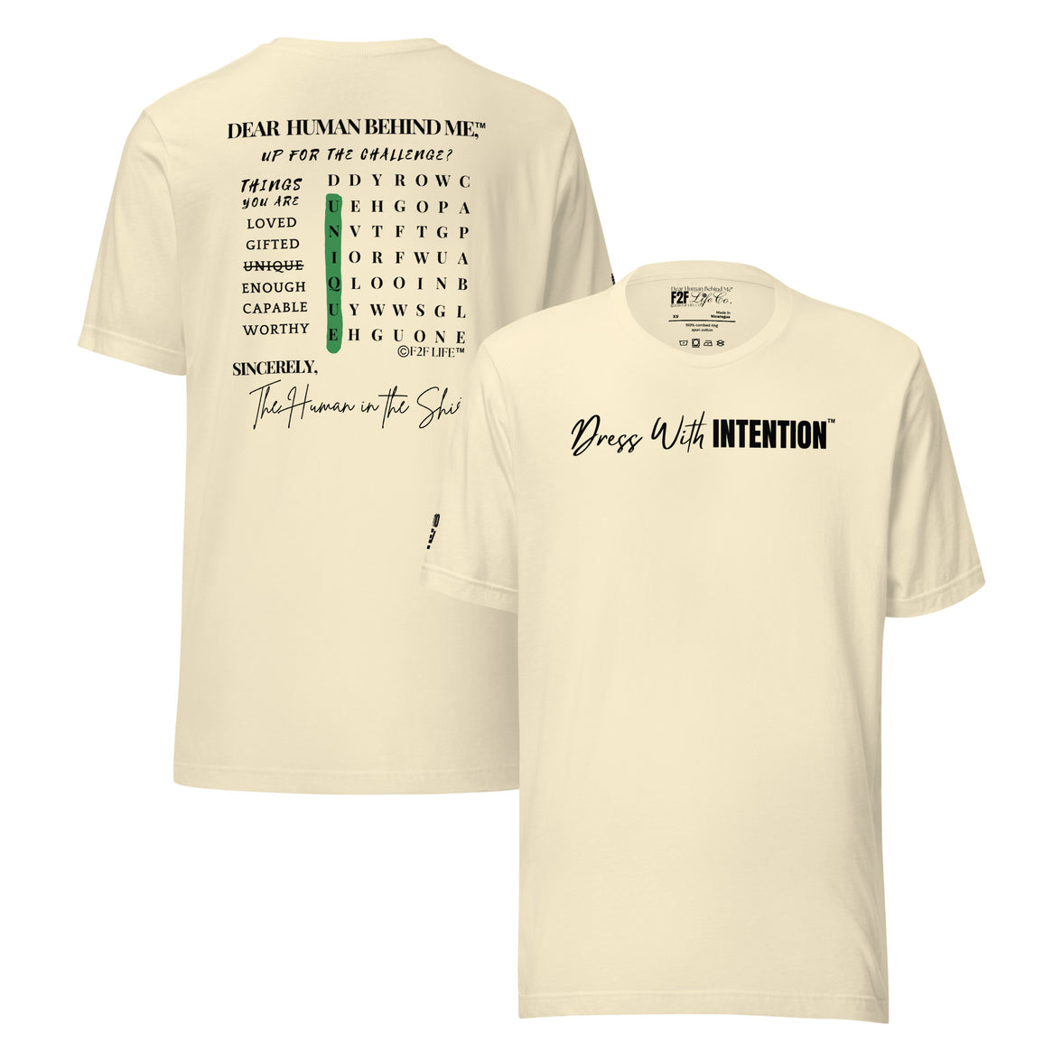 Dear Human Behind Me™ natural shirt Message #10 front and back view