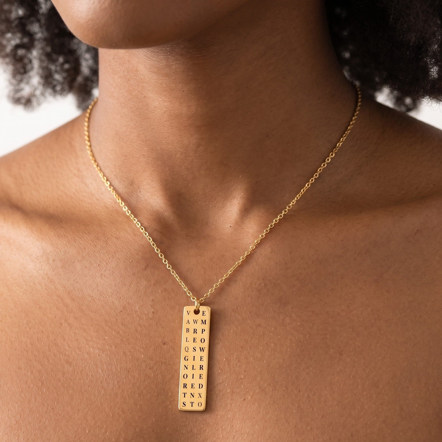 Strong. Resilient. Empowered. Personalized Word Search Vertical Bar Necklace