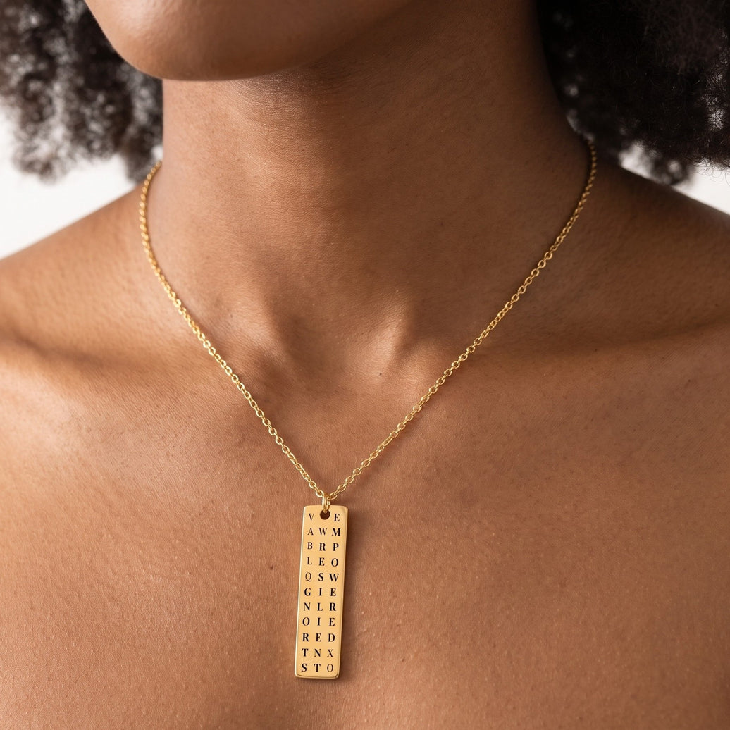 Strong. Resilient. Empowered. Personalized Word Search Vertical Bar Necklace