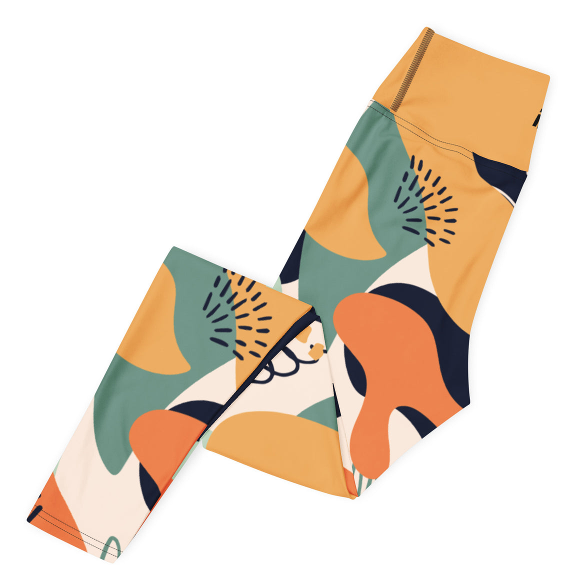 Fierce & fluid abstract yoga leggings with vibrant colors, eco-friendly women’s activewear left folded viewn