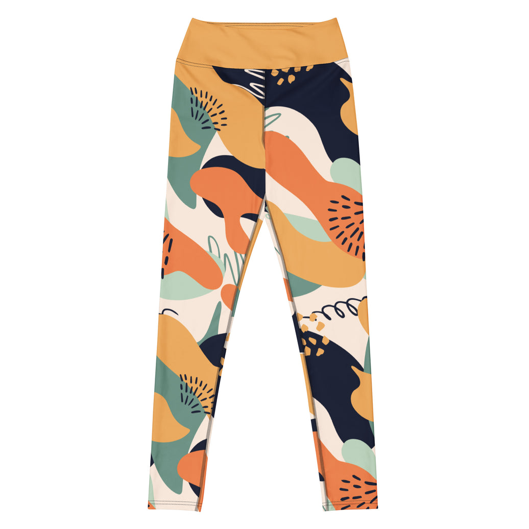 Fierce & fluid abstract yoga leggings with vibrant colors, eco-friendly women’s activewear front viewn
