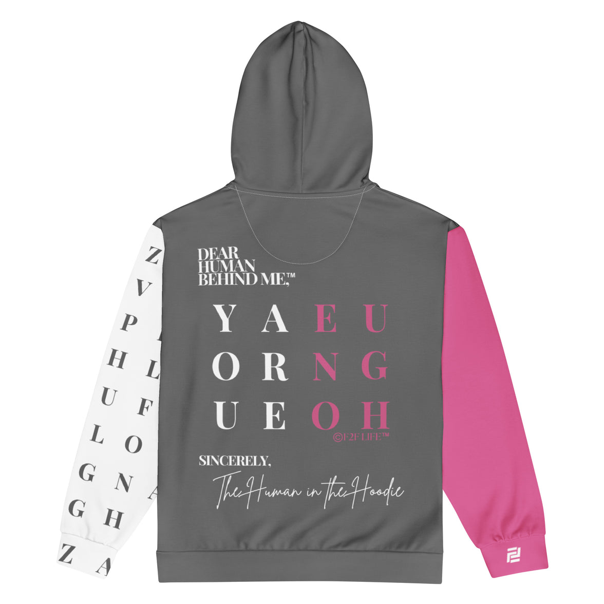 Flat back view of Dear Human Behind Me™ zip hoodie Message #02 you are enough
