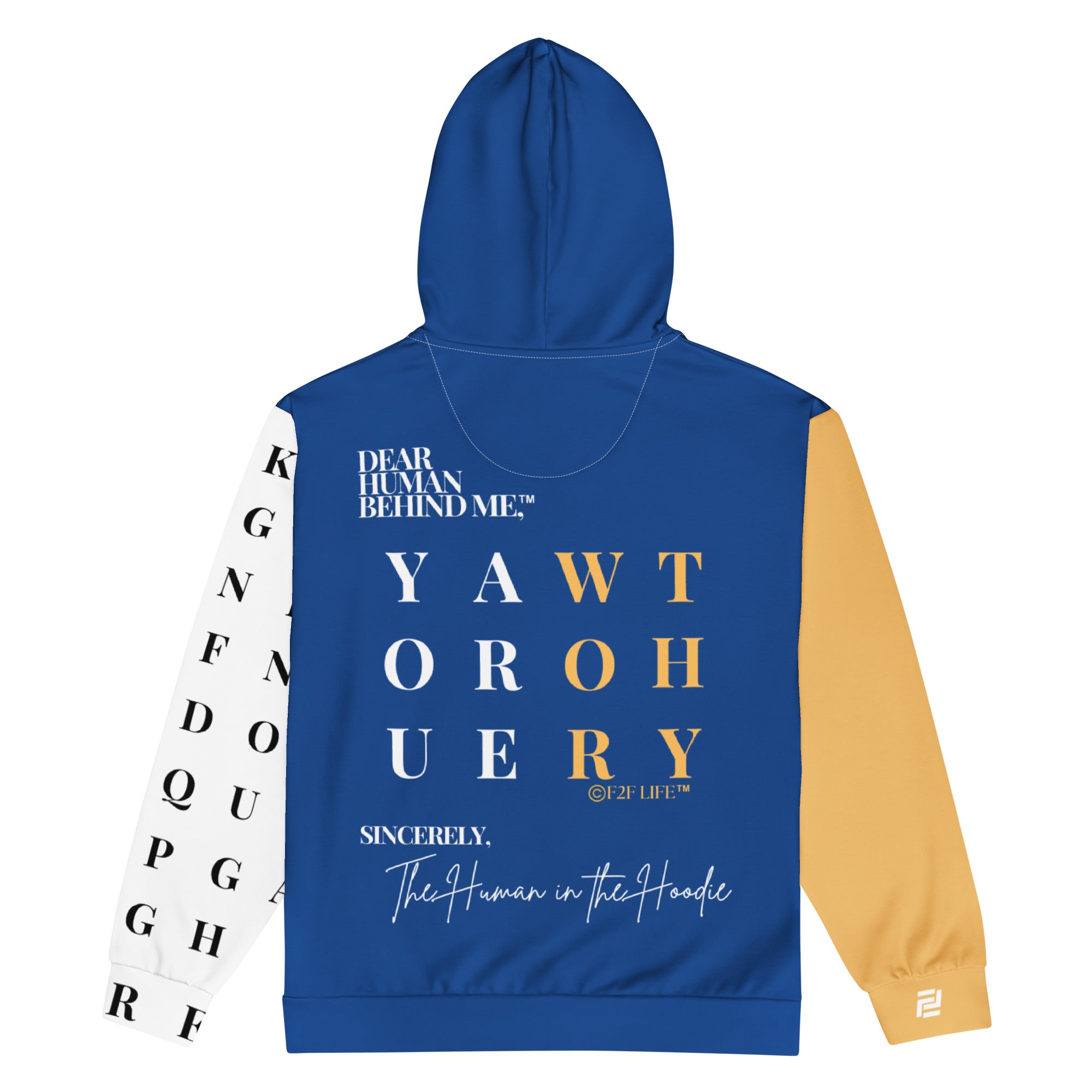 Flat back view of Dear Human Behind Me™ zip hoodie Message #11 you are worthy