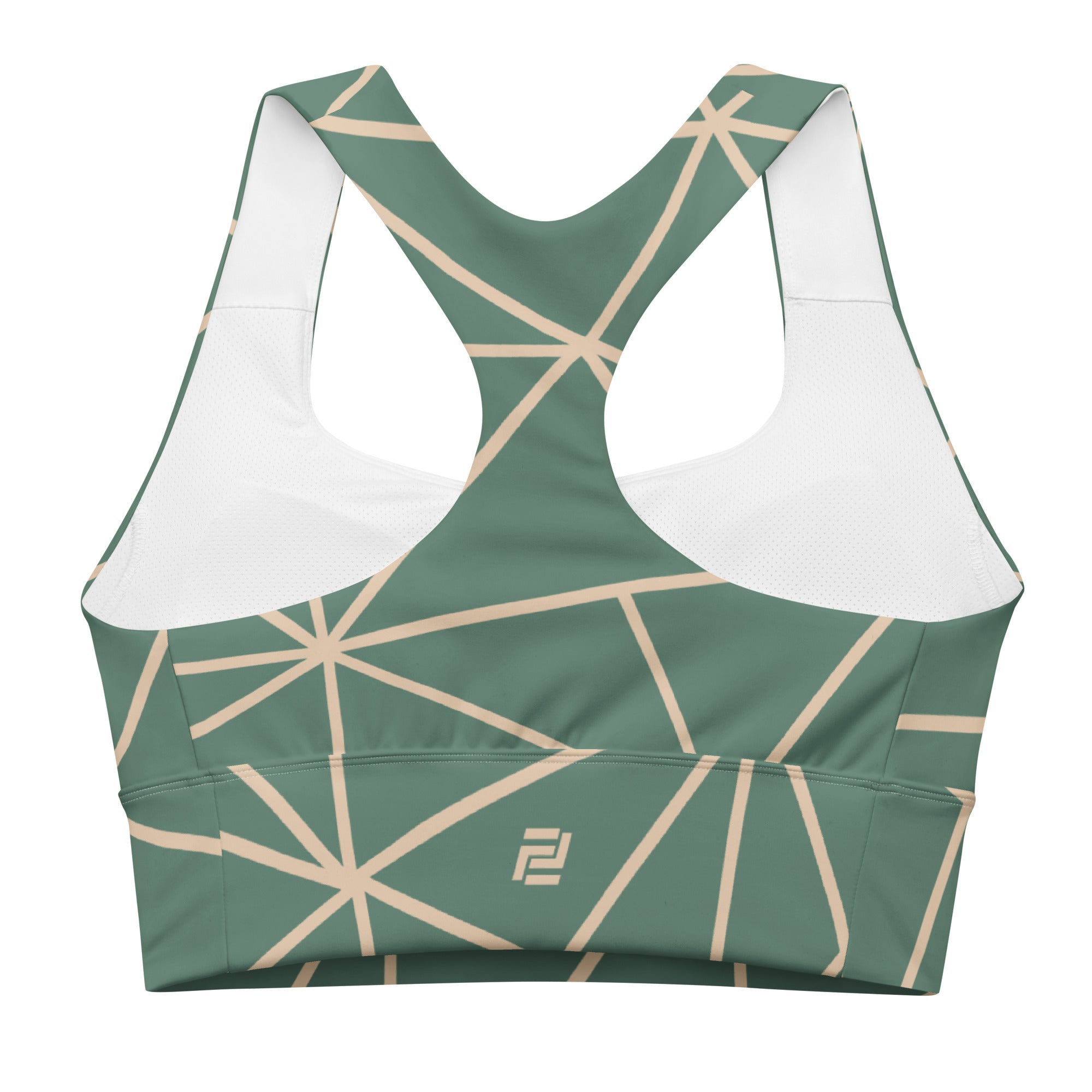 Floral geometric longline sports bra with green band, medium-high support activewear back view