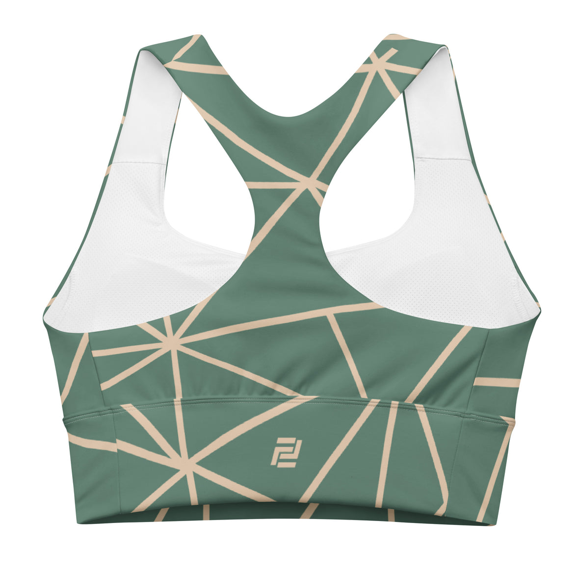 Floral geometric longline sports bra with green band, medium-high support activewear back view