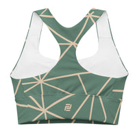 Floral geometric longline sports bra with green band, medium-high support activewear back view