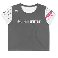 Front view of Dear Human Behind Me™ statement crop  t-shirt Message #02 dress with intention
