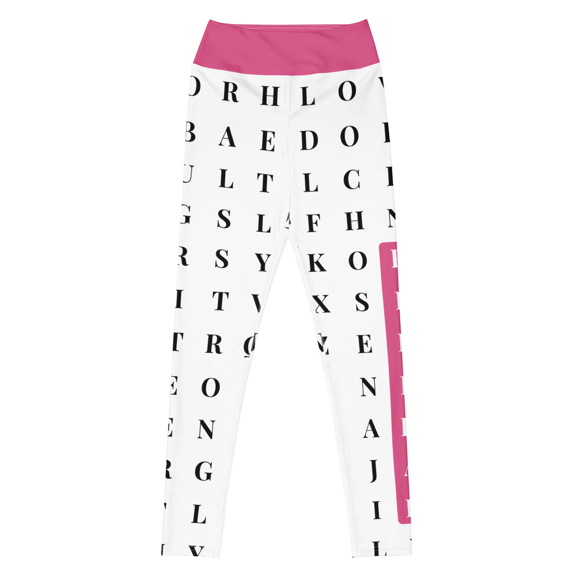 Front view "Name Game Strong" pink custom workout leggings with word search, eco-friendly women’s activewear