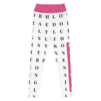 Front view "Name Game Strong" pink custom workout leggings with word search, eco-friendly women’s activewear