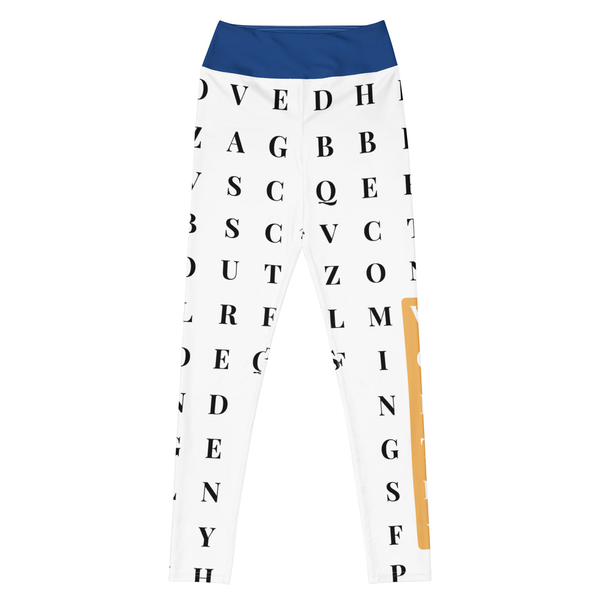 Front view "The Gold Standard" statement workout leggings with word search, eco-friendly women’s activewear