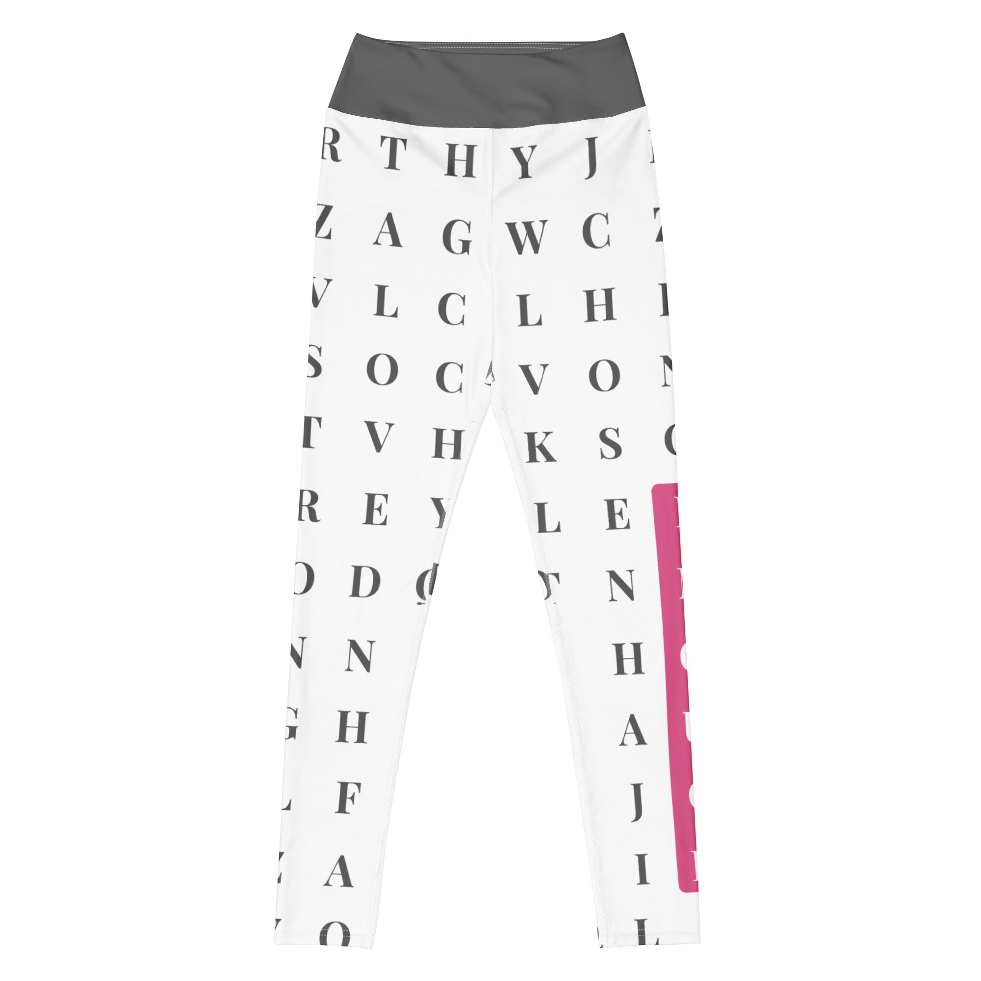 Front view "Worth The Search" statement workout leggings with word search, eco-friendly women’s activewear