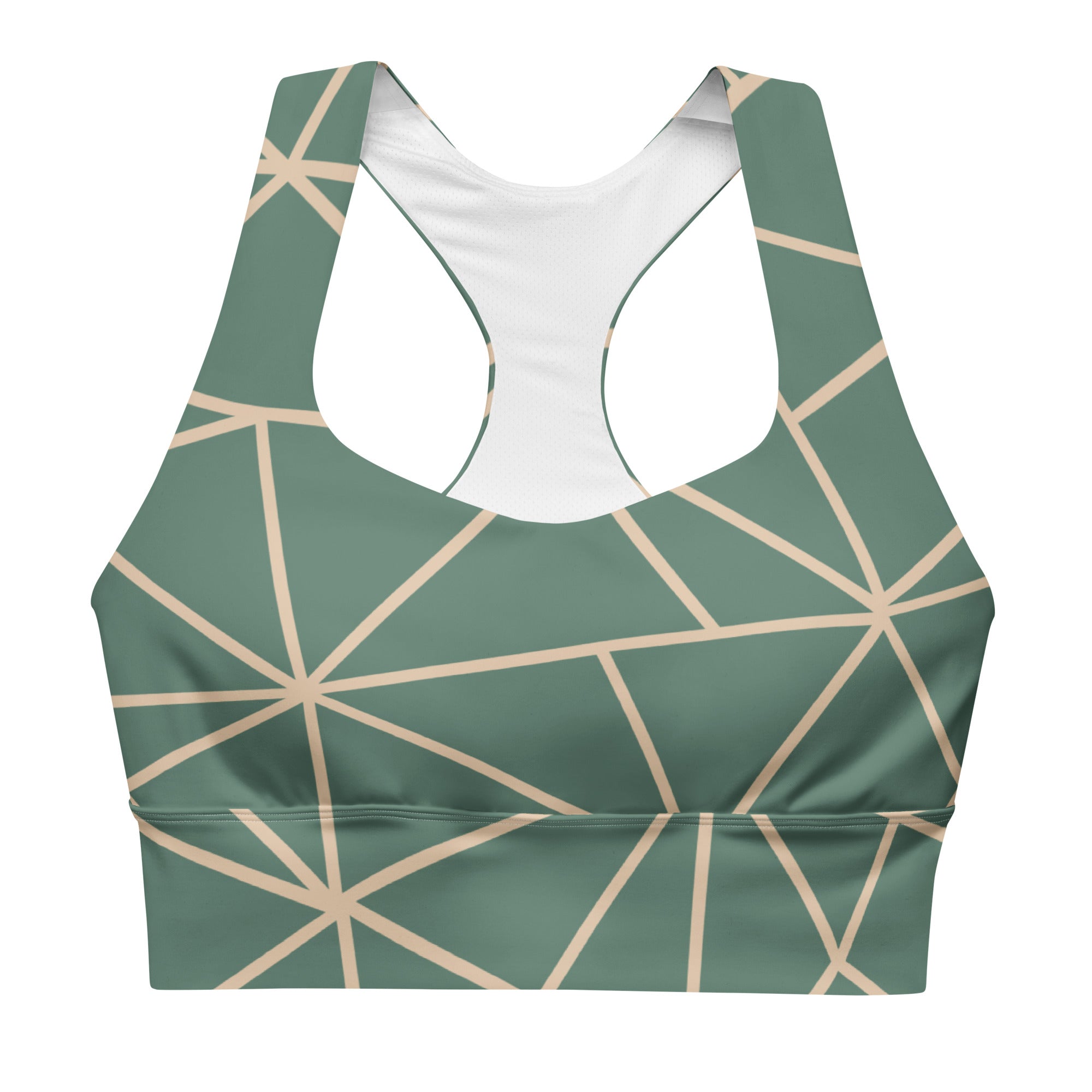 Geometric floral sports bra with green band, medium-high support activewear front view