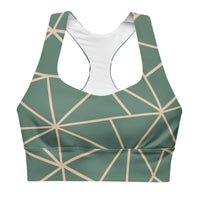 Geometric floral sports bra with green band, medium-high support activewear front view