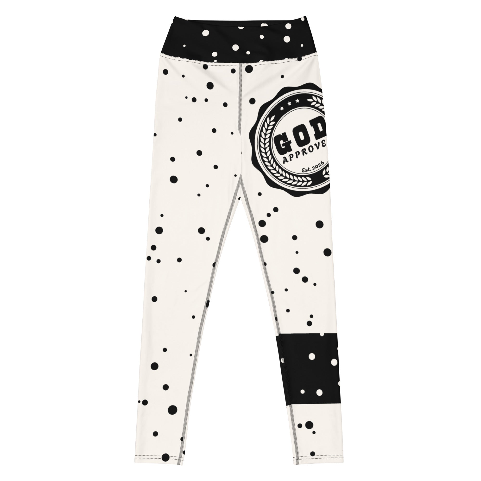 God Approved Polka Dot leggings with black band, eco-friendly women’s activewear front view