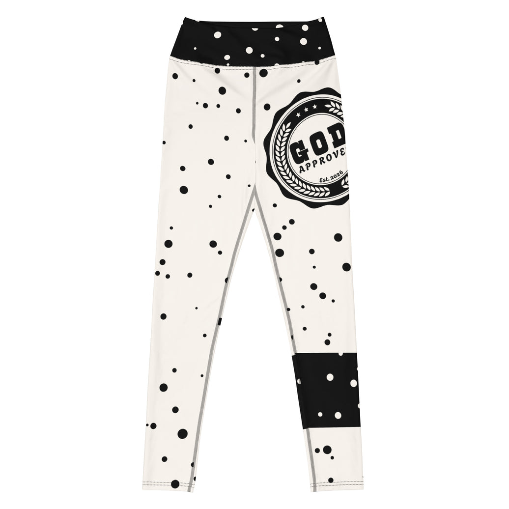 God Approved Polka Dot leggings with black band, eco-friendly women’s activewear front view