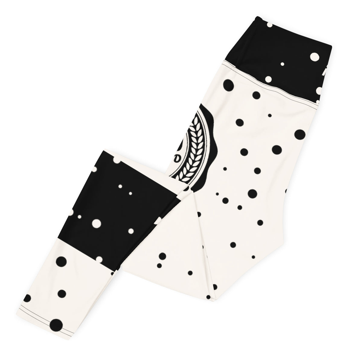 God Approved Polka Dot leggings with black band, eco-friendly women’s activewear left folded view