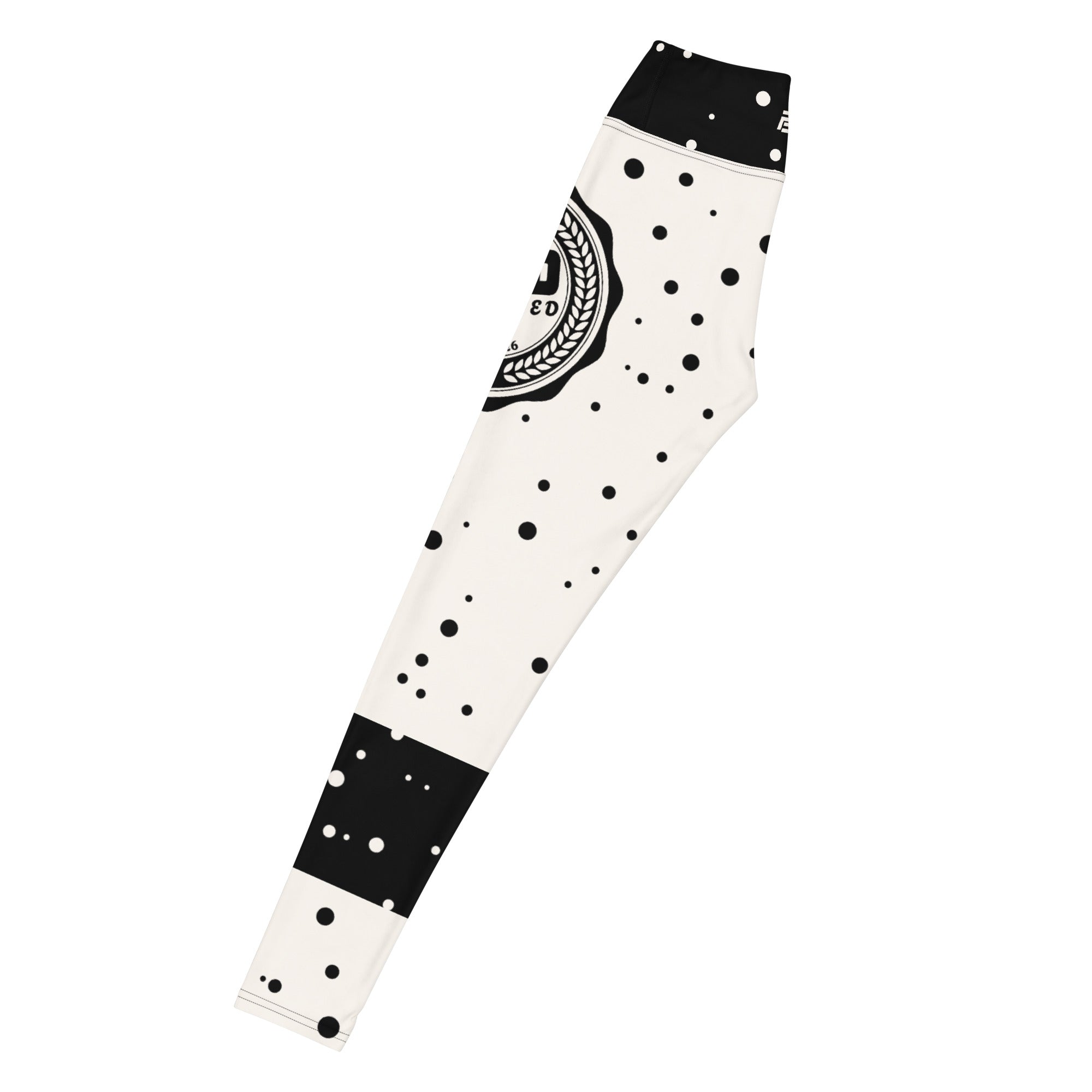 God Approved Polka Dot leggings with black band, eco-friendly women’s activewear left long view