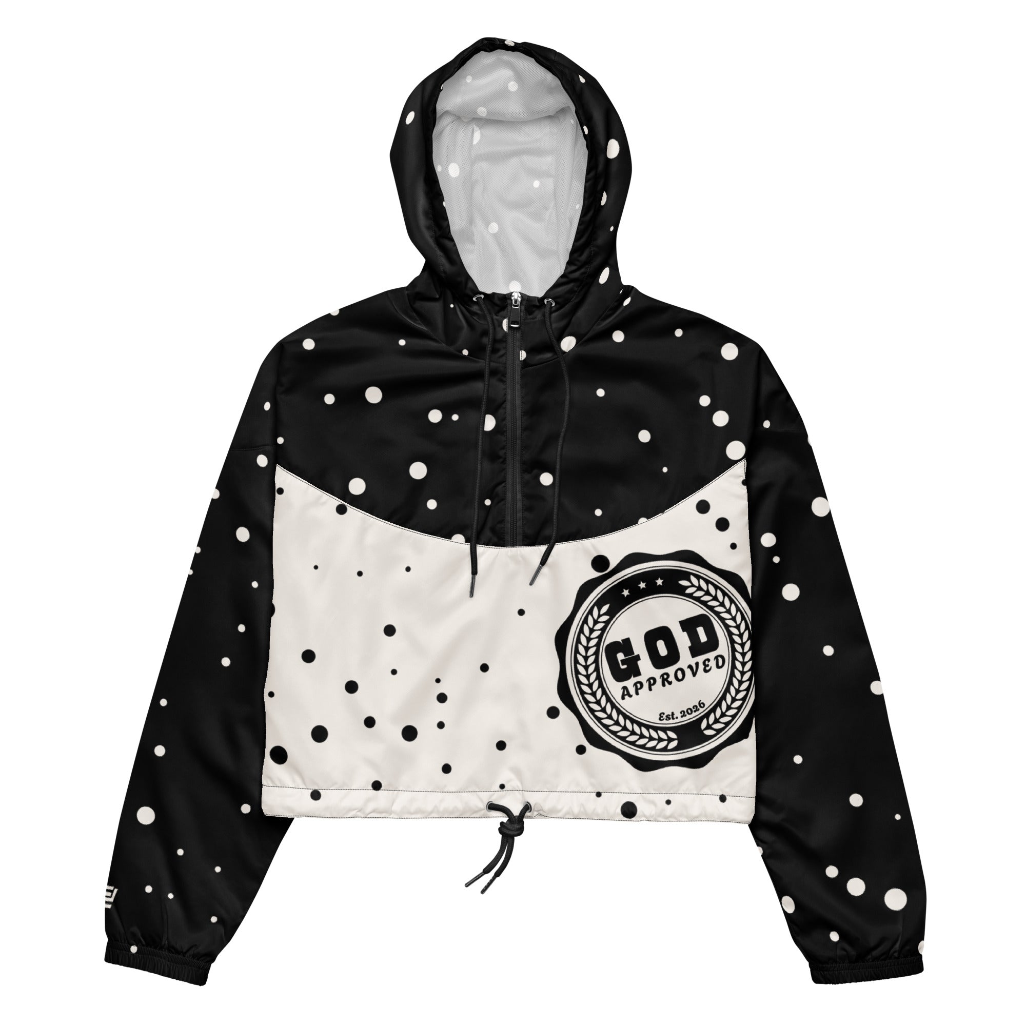 "God Approved" cropped windbreaker with black polka design and God approved stamp front view