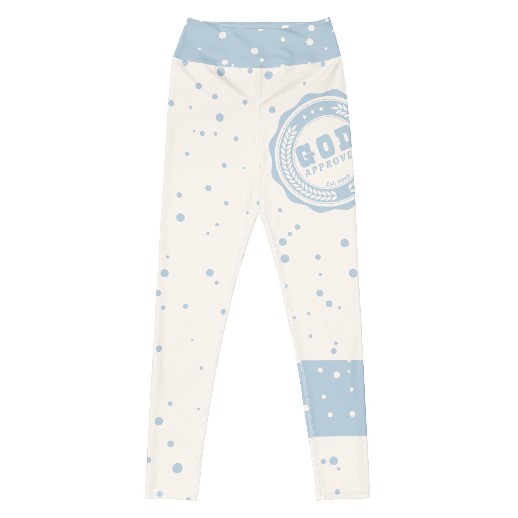 God Approved Polka Dot leggings with blue band, eco-friendly women’s activewear front view