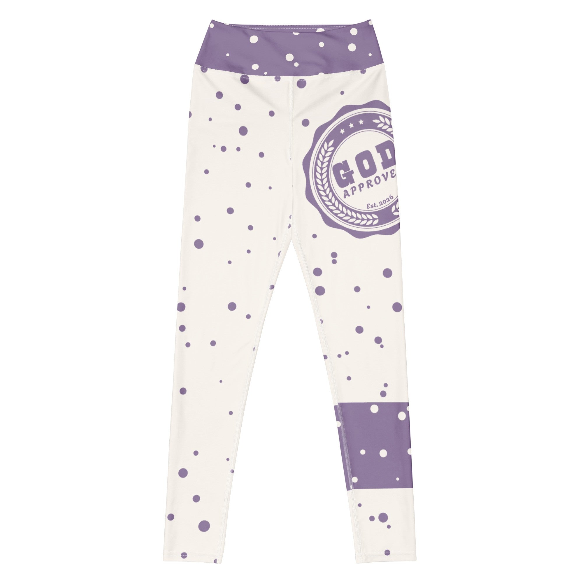 God Approved Polka Dot leggings with lavender band, eco-friendly women’s activewear front view