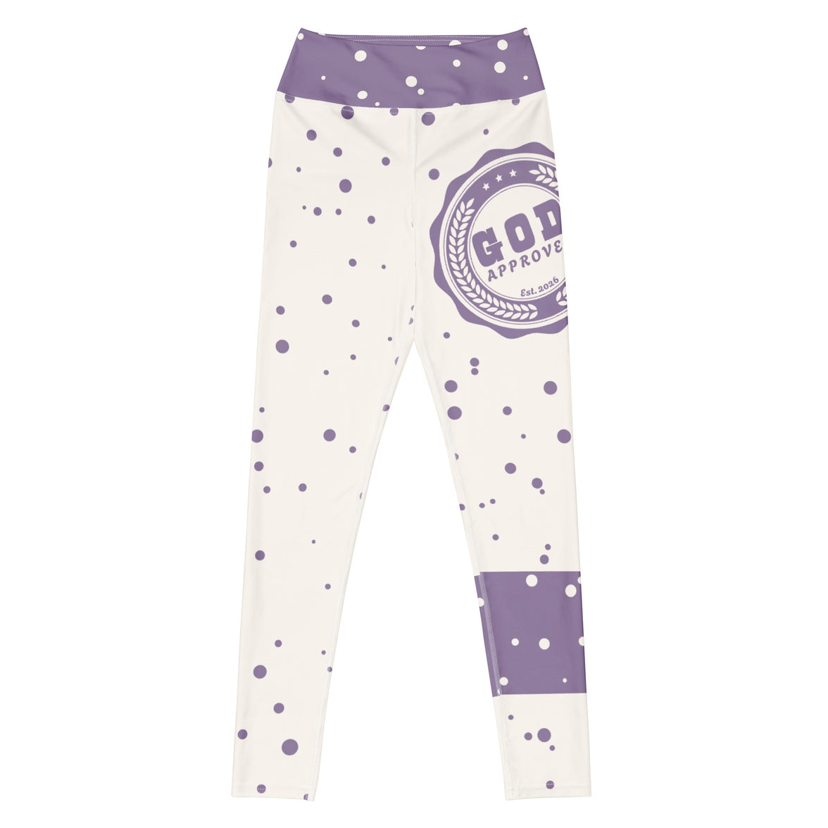 God Approved Polka Dot leggings with lavender band, eco-friendly women’s activewear front view