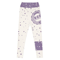 God Approved Polka Dot leggings with lavender band, eco-friendly women’s activewear front view