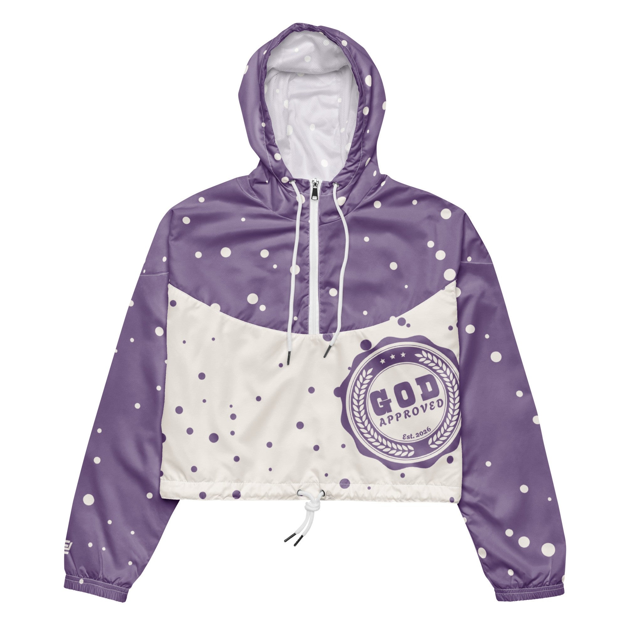 "God Approved" cropped windbreaker with lavender polka design and God approved stamp front view
