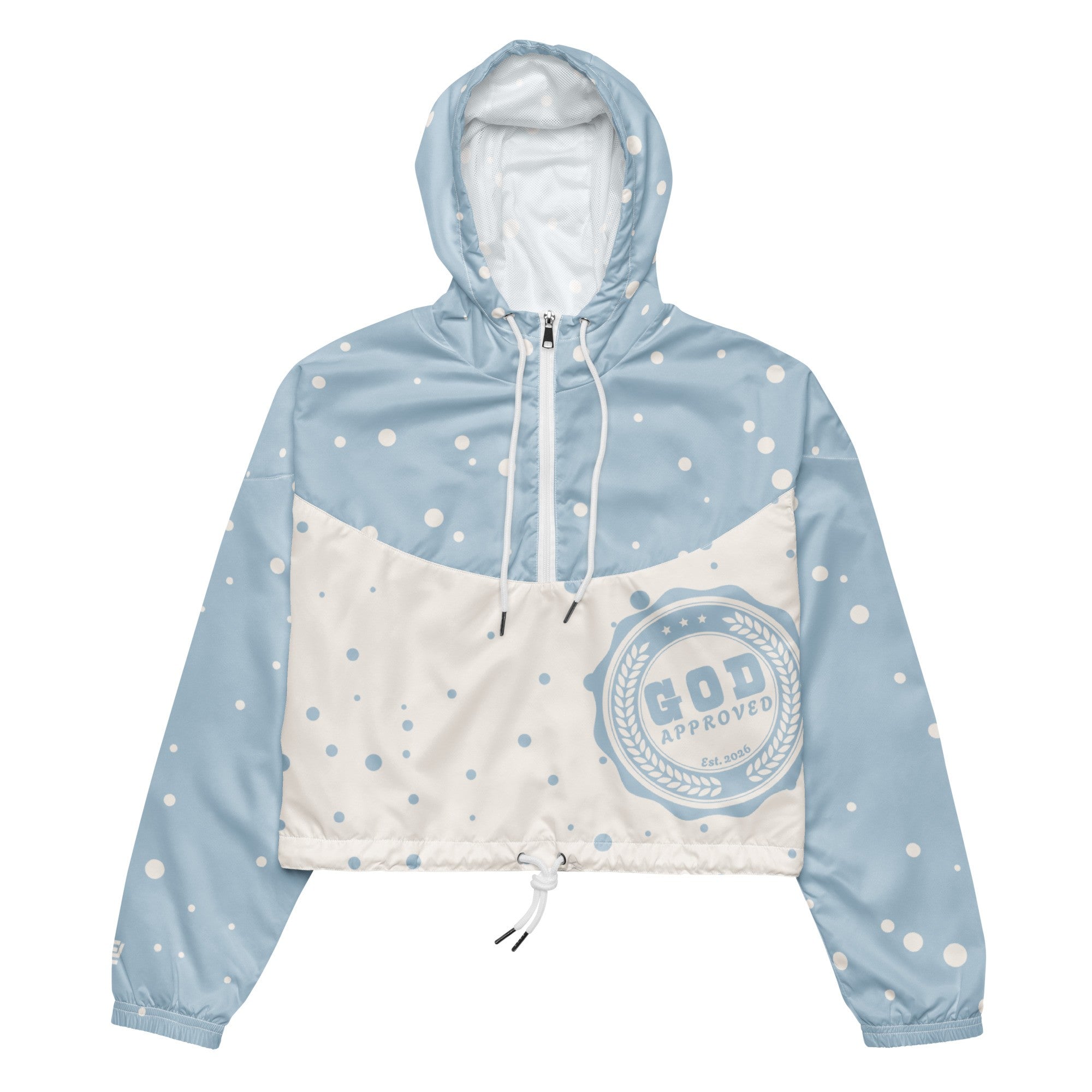 "God Approved" cropped windbreaker with light blue polka design and God approved stamp front view