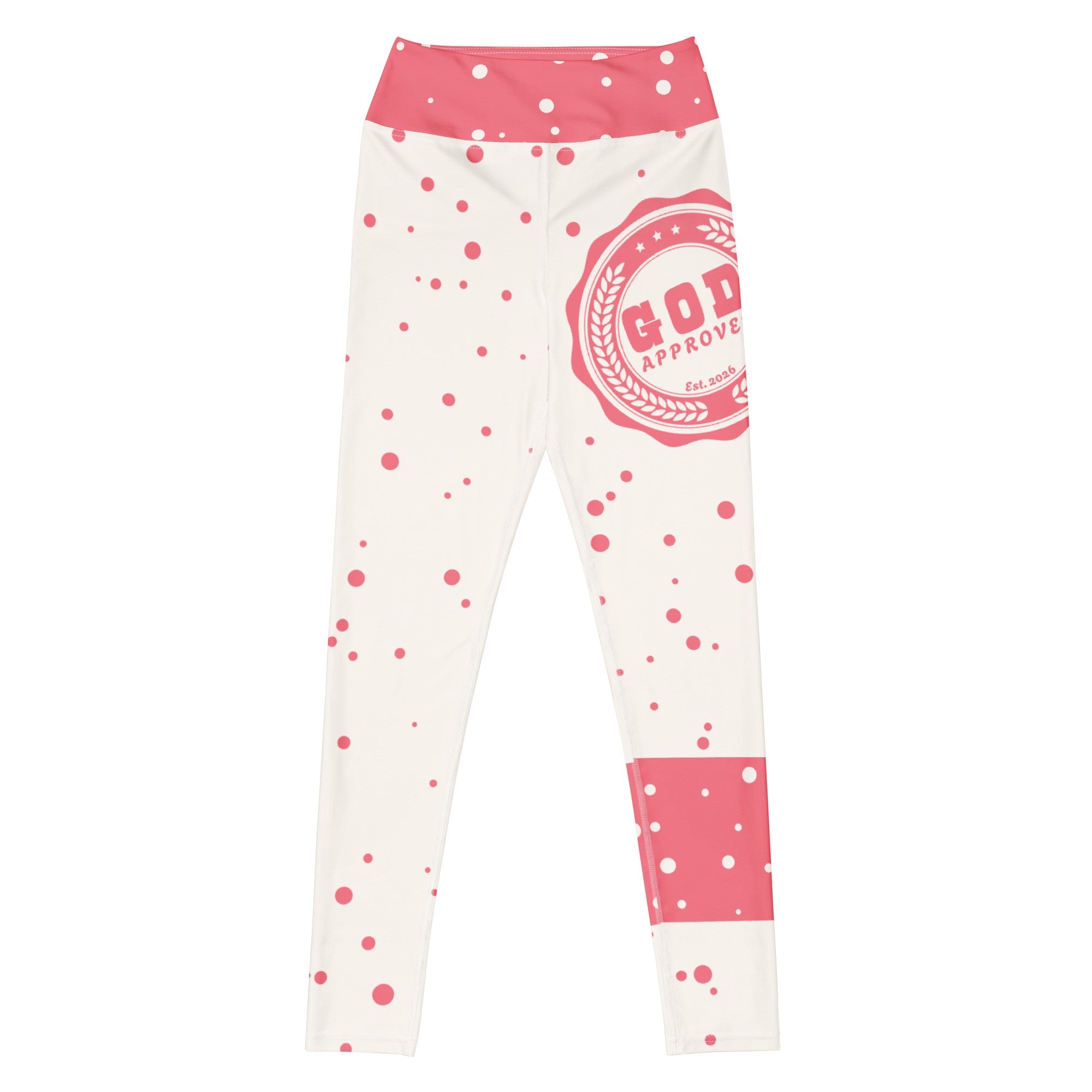 God Approved Polka Dot leggings with pastel red band, eco-friendly women’s activewear front view