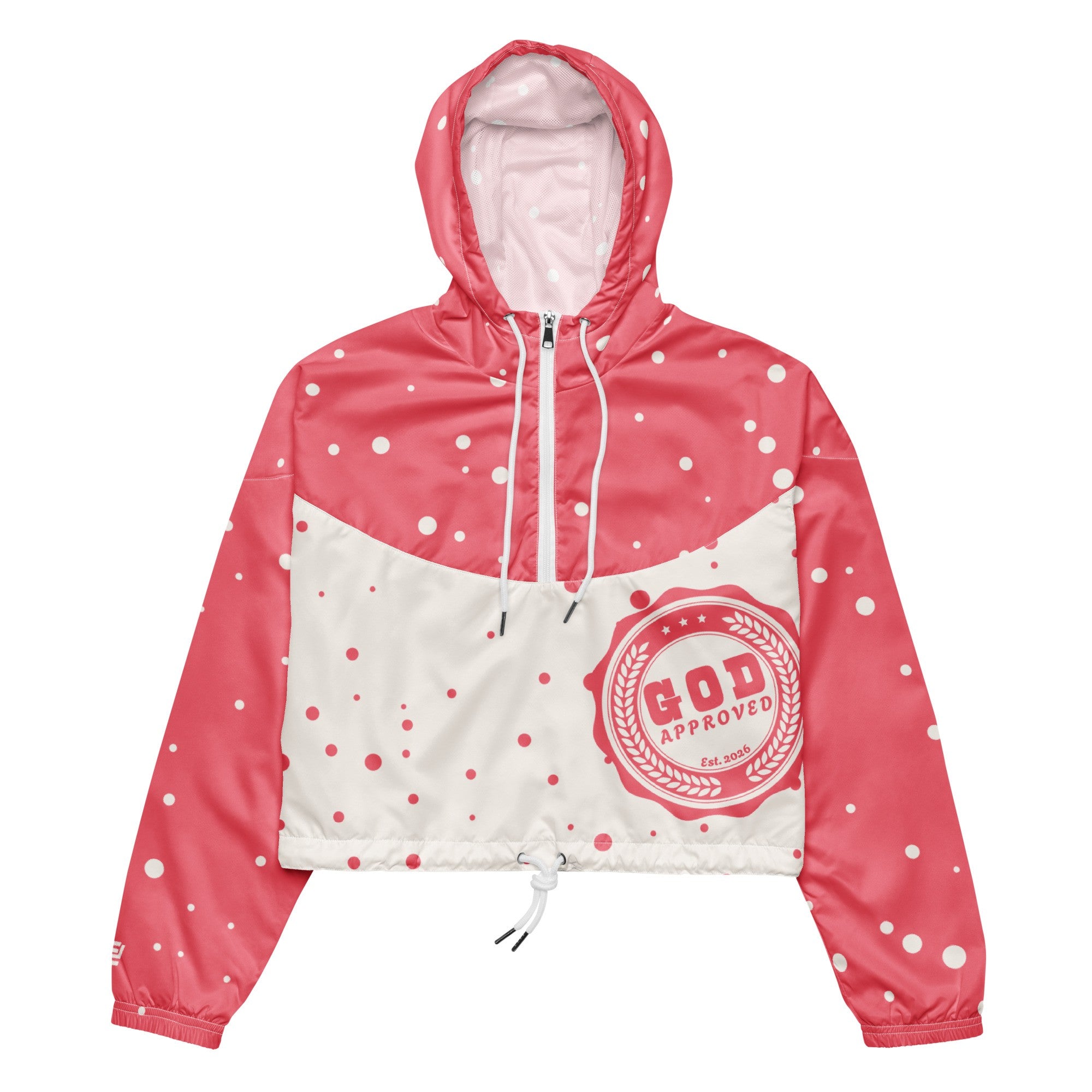 "God Approved" cropped windbreaker with pastel red polka design and God approved stamp front view