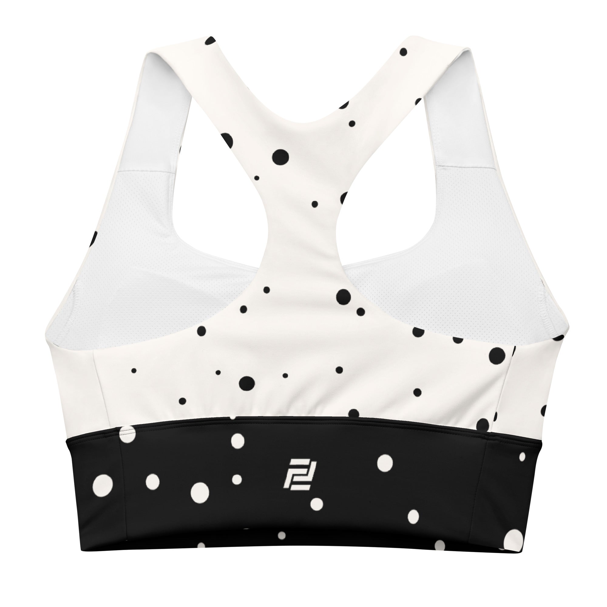 "God Approved" longline sports bra with polka dot and black band, medium-high support activewear back view