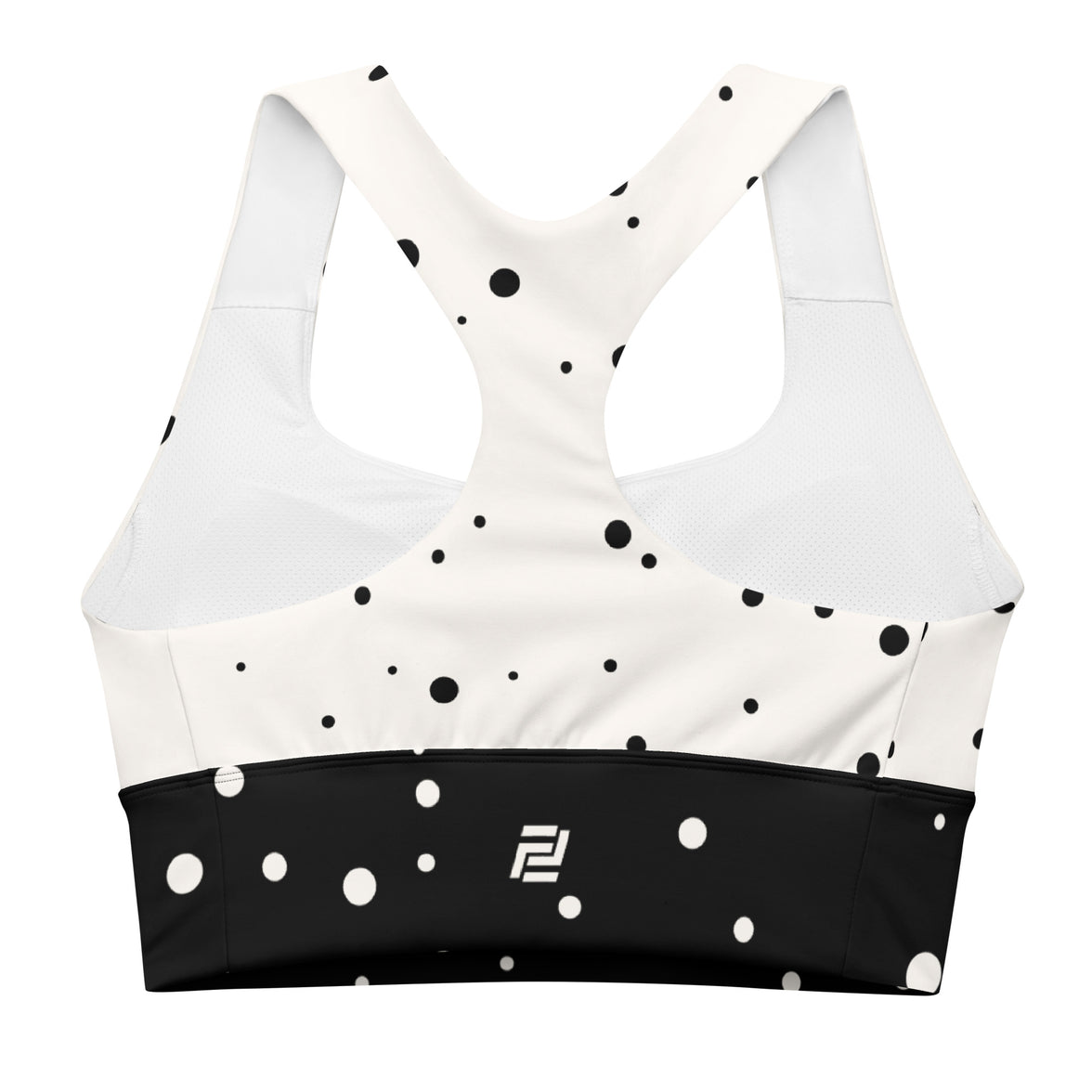 "God Approved" longline sports bra with polka dot and black band, medium-high support activewear back view
