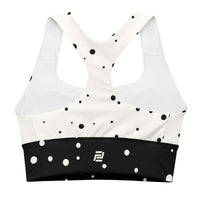 "God Approved" longline sports bra with polka dot and black band, medium-high support activewear back view