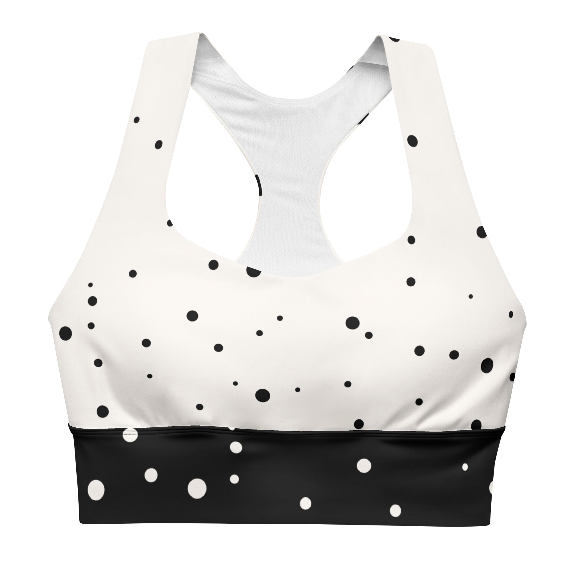 "God Approved" longline sports bra with polka dot and black band, medium-high support activewear front view