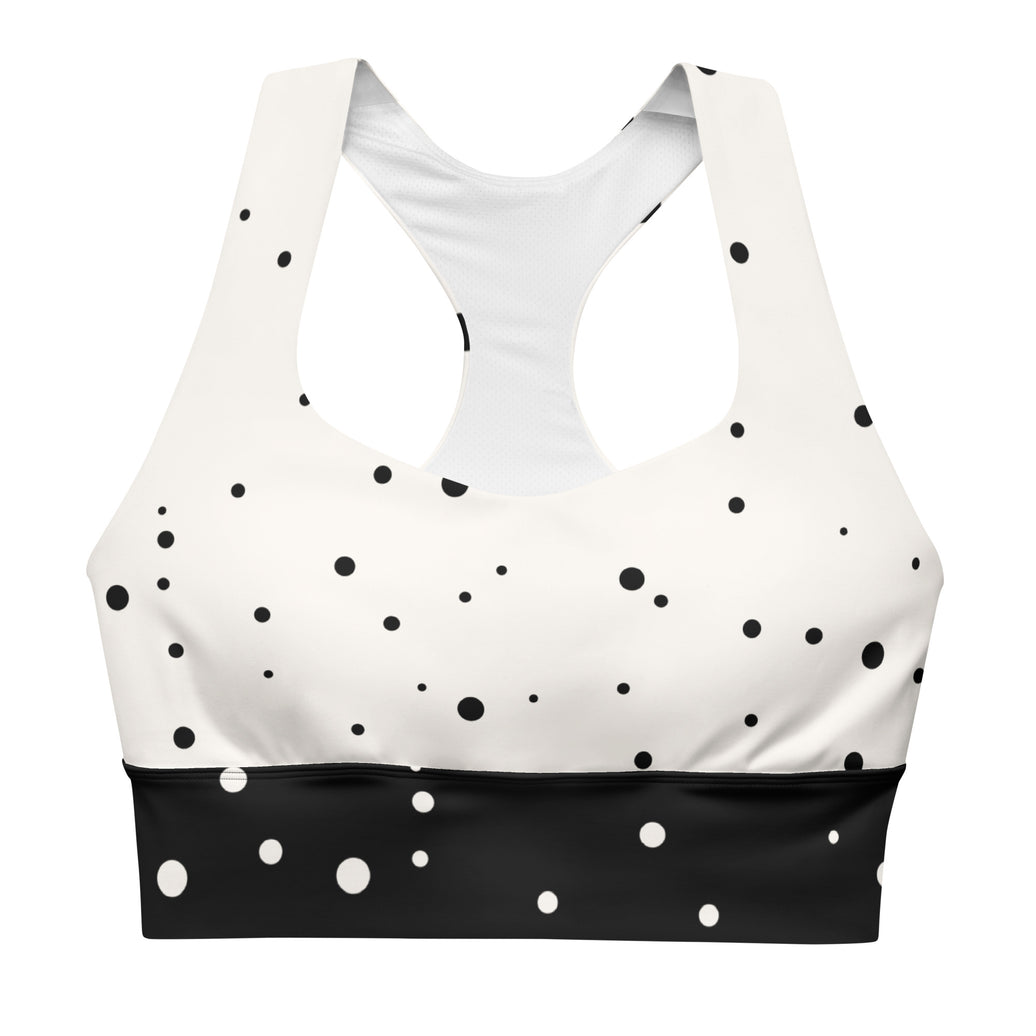 "God Approved" longline sports bra with polka dot and black band, medium-high support activewear front view