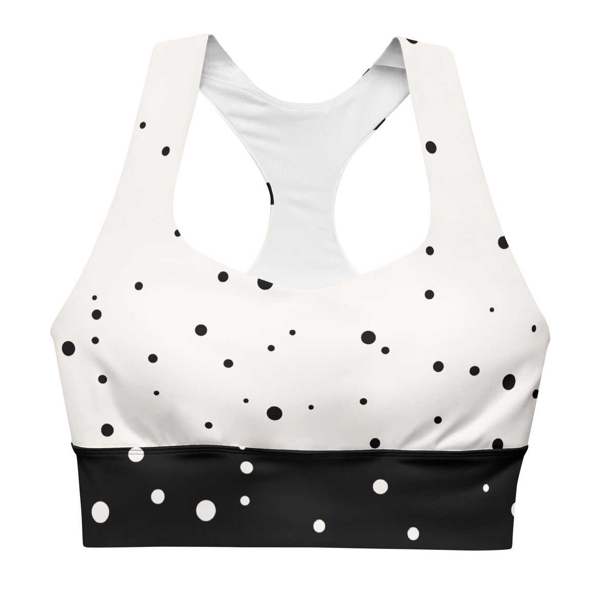 "God Approved" longline sports bra with polka dot and black band, medium-high support activewear front view