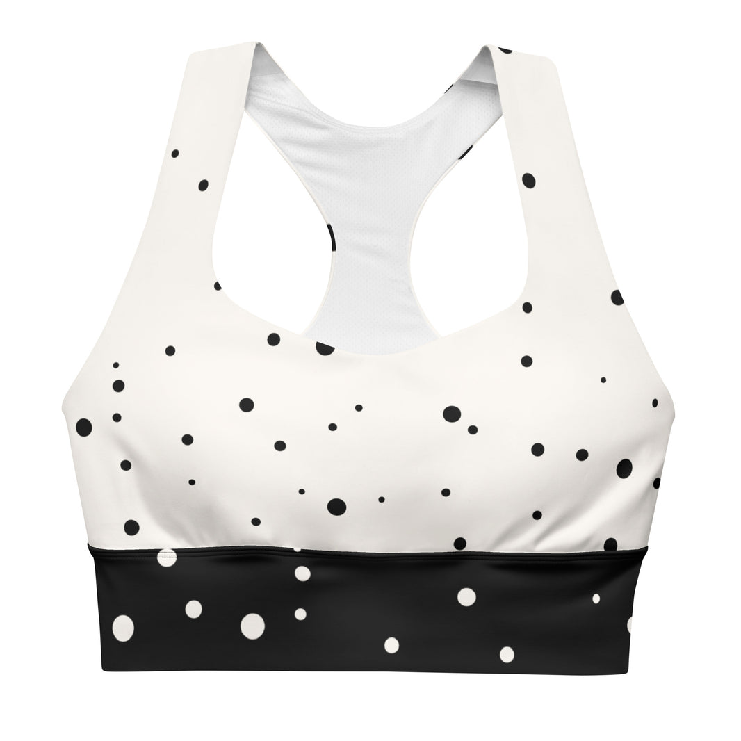 "God Approved" longline sports bra with polka dot and black band, medium-high support activewear front view