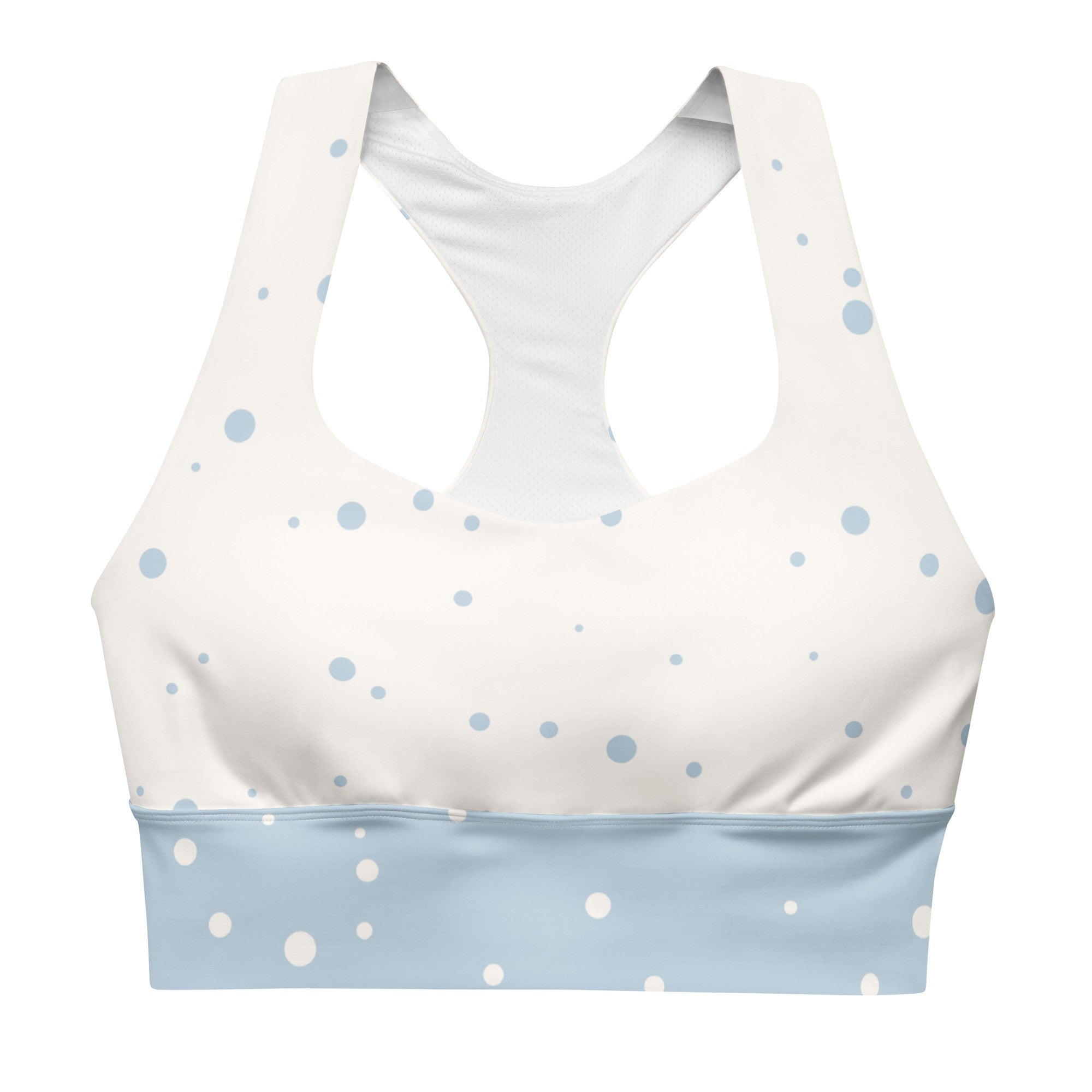 "God Approved" longline sports bra with polka dot and blue band, medium-high support activewear front view