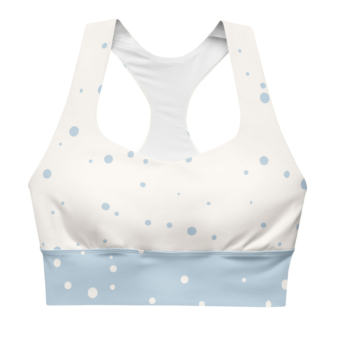 "God Approved" longline sports bra with polka dot and blue band, medium-high support activewear front view