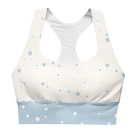 "God Approved" longline sports bra with polka dot and blue band, medium-high support activewear front view