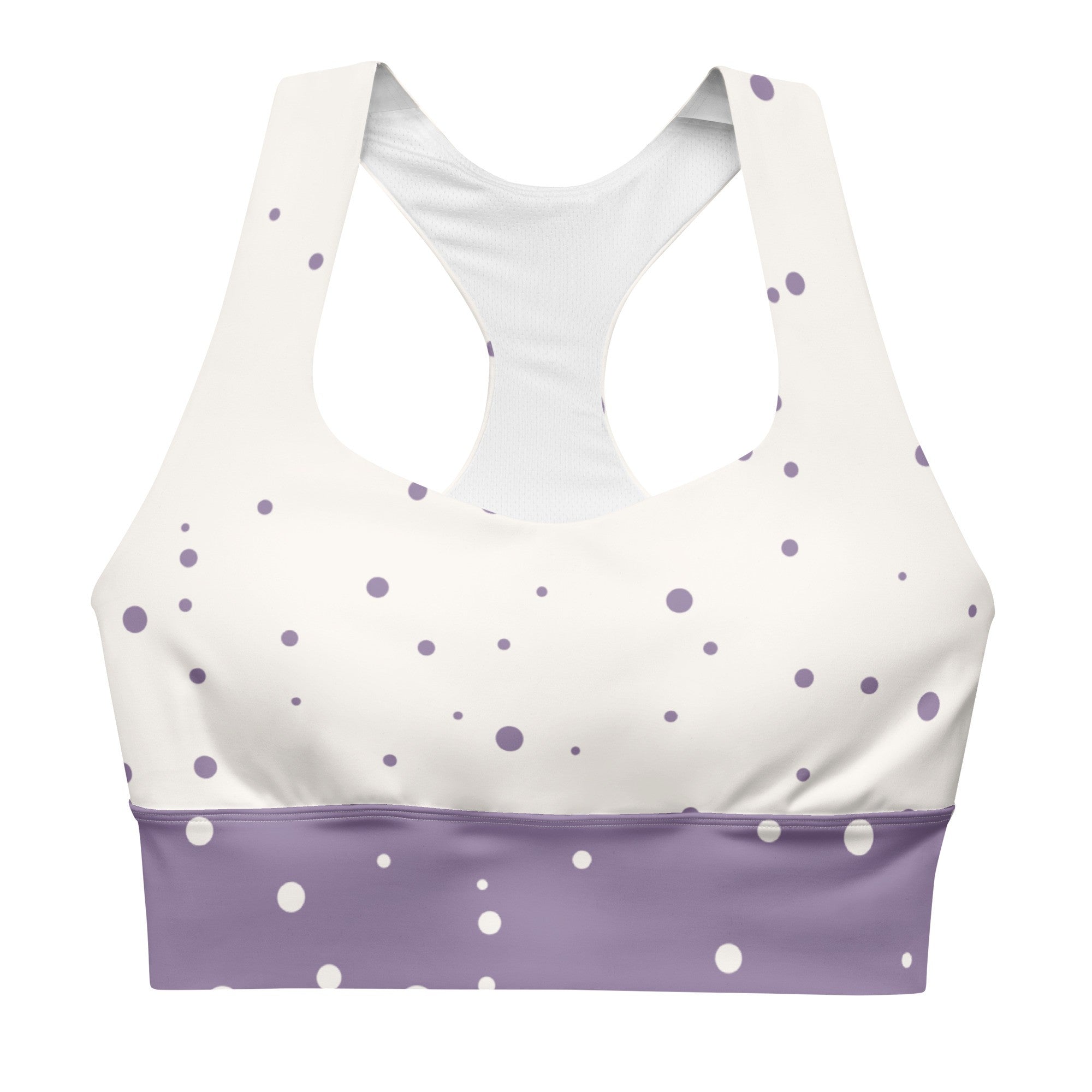 "God Approved" longline sports bra with polka dot and lavender band, medium-high support activewear front view