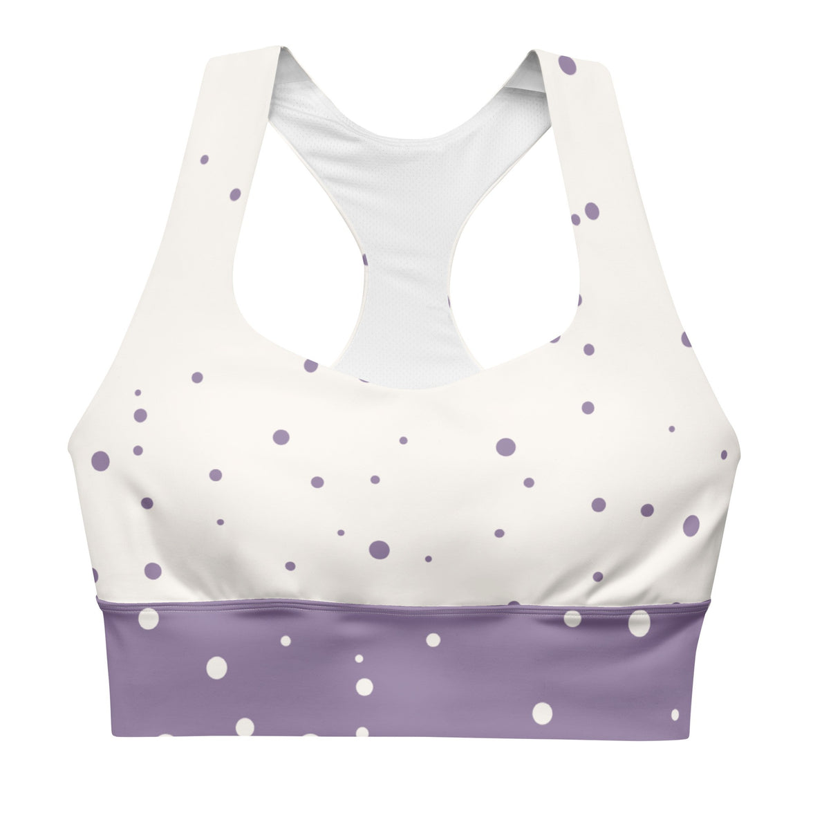 "God Approved" longline sports bra with polka dot and lavender band, medium-high support activewear front view