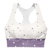 "God Approved" longline sports bra with polka dot and lavender band, medium-high support activewear front view