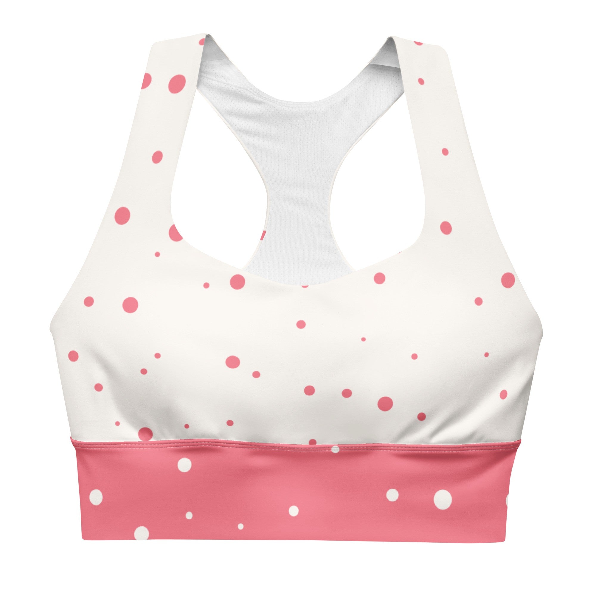 "God Approved" longline sports bra with polka dot and pastel red band, medium-high support activewear front view