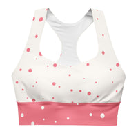"God Approved" longline sports bra with polka dot and pastel red band, medium-high support activewear front view