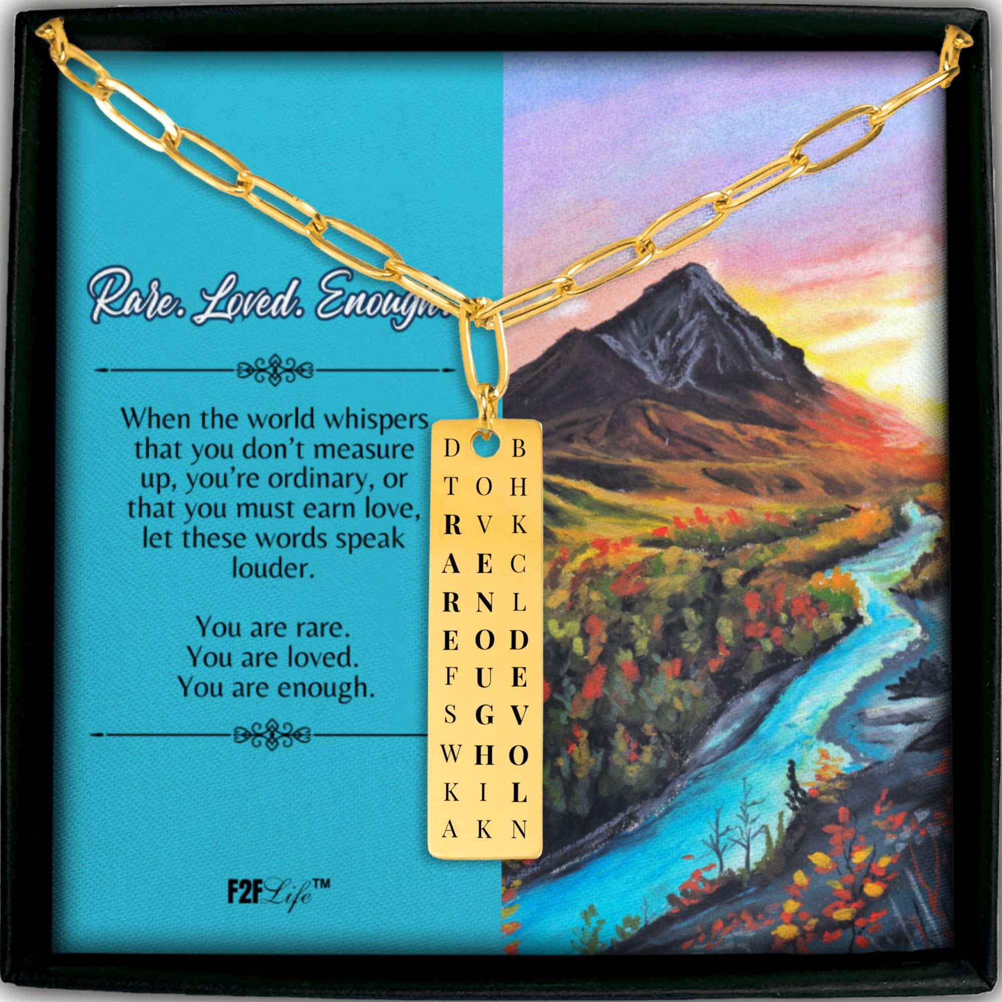 Gold plated rare enough loved vertical bar word search necklace with a paperclip chain in a box with a jewelry insert