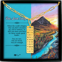 Gold plated rare enough loved vertical bar word search necklace with a paperclip chain in a box with a jewelry insert